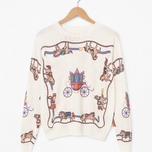 Horse & Carriage Print Sweater Size M Silky Knit Vintage Scarf Look Equestrian